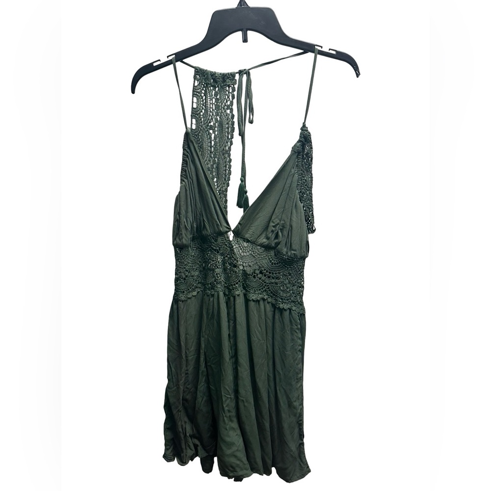 Francesca's Collections Olive Crochet-Back Sleeveless Romper